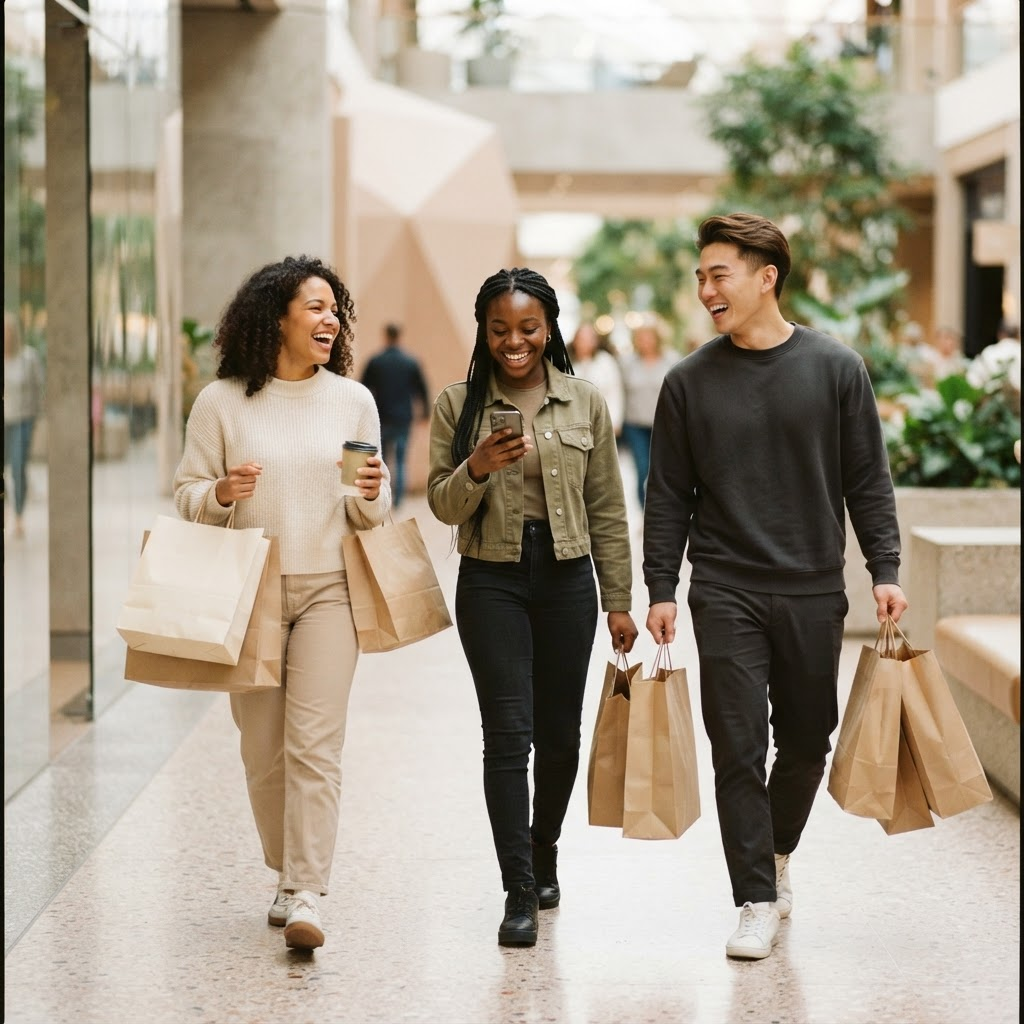 Fröhliche Gruppe beim Einkaufsbummel mit Taschen und Coffee to go